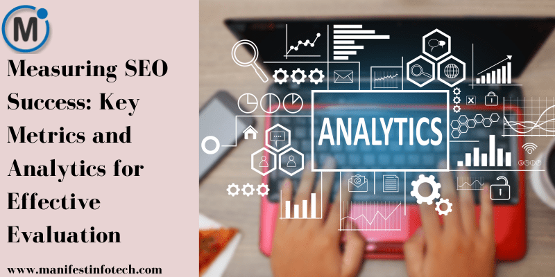 An illustration showing key metrics and analytics tools used to measure SEO success, including traffic data, rankings, and conversion rates