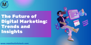 An illustration representing the future of digital marketing with advanced technologies like AI, social media, and data analytics.