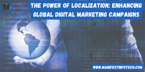 Illustration of localization in digital marketing, featuring a globe, location pins, and multilingual text representing global audience engagement