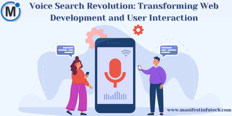 An exploration of voice search technology and its impact on web development, featuring voice recognition icons and user interaction elements.