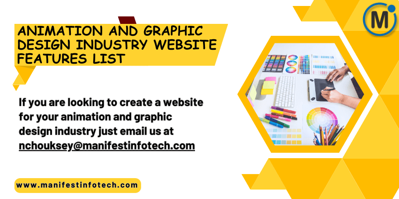 Features of an animation and graphic design industry website, highlighting creative design and portfolio showcases