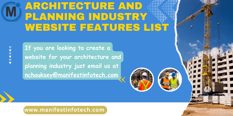 Infographic highlighting features for an architecture and planning website, including project showcases, 3D visualizations, and client collaboration tools.