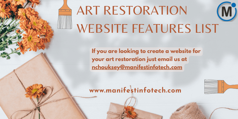 Infographic showcasing features for an art restoration website, including portfolio galleries, restoration processes, and client testimonials.