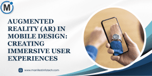 Graphic showcasing augmented reality (AR) in mobile design, featuring interactive 3D elements and immersive user experiences on a mobile screen