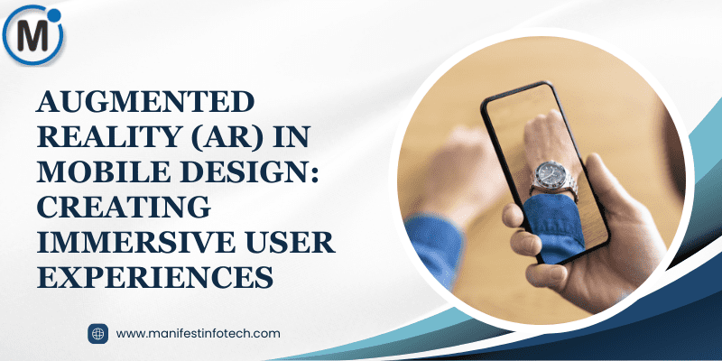 Graphic showcasing augmented reality (AR) in mobile design, featuring interactive 3D elements and immersive user experiences on a mobile screen