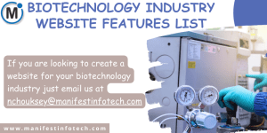 Infographic showcasing essential features for a biotechnology industry website, including research highlights, product showcases, and news updates.
