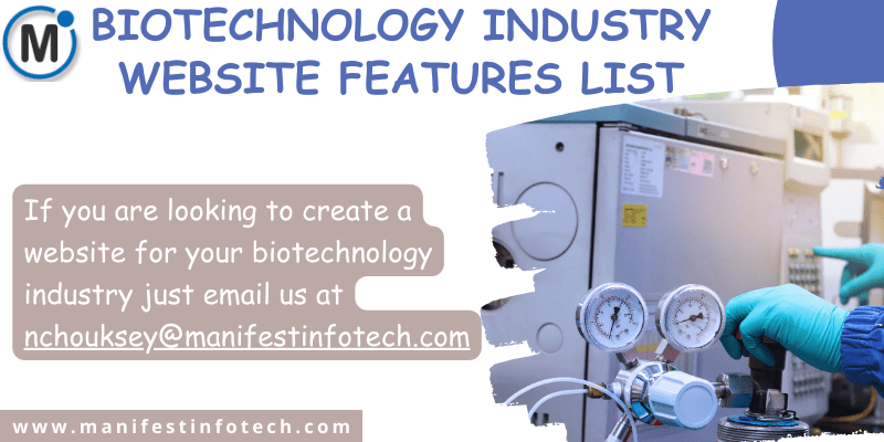 Infographic showcasing essential features for a biotechnology industry website, including research highlights, product showcases, and news updates.