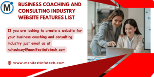 Infographic highlighting features for a business coaching and consulting website, including service overviews, client testimonials, and booking tools.