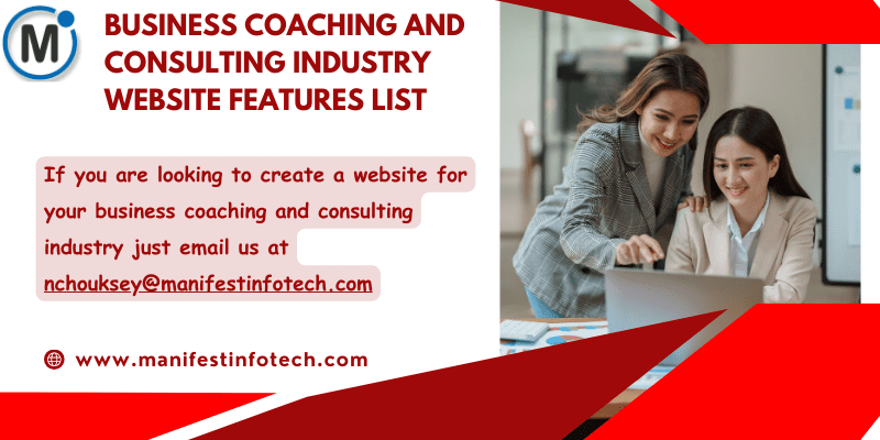 Infographic highlighting features for a business coaching and consulting website, including service overviews, client testimonials, and booking tools.