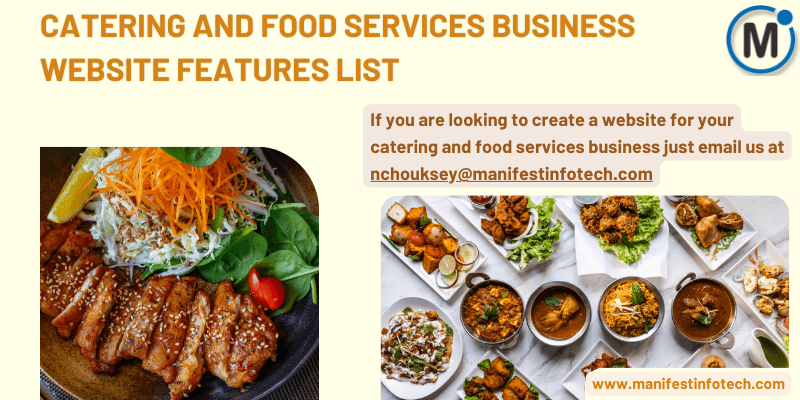 A variety of food items displayed, representing the features of a catering and food services business website