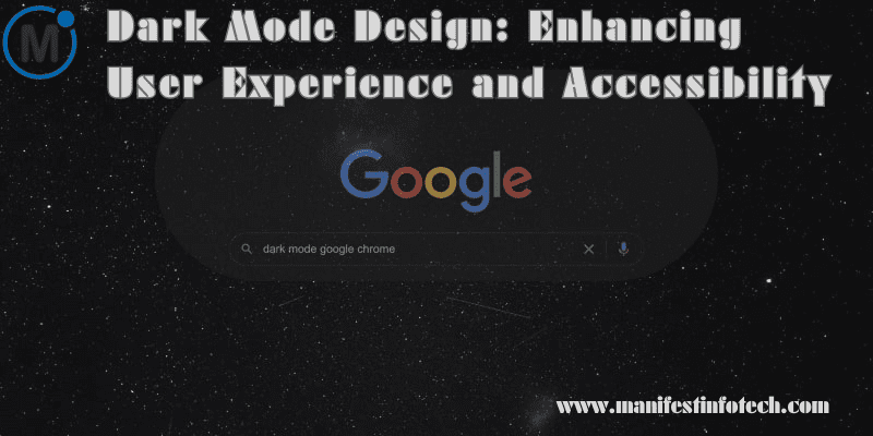 Illustration of dark mode design, featuring a screen with a dark interface, a moon icon, and accessibility symbols emphasizing user experience