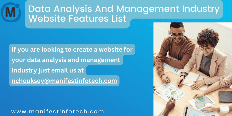 Infographic showcasing features for a data analysis and management website, including analytics tools, data visualization, and case studies.