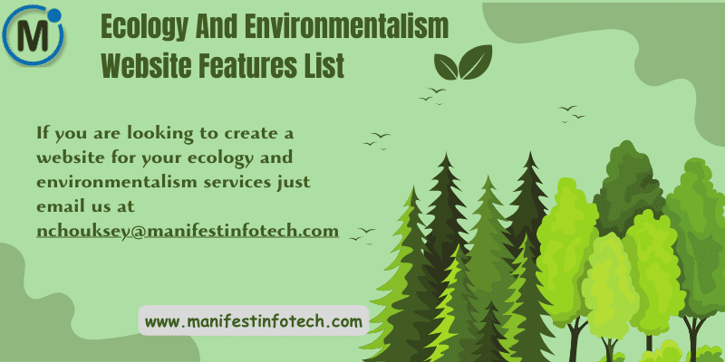 Features of an ecology and environmentalism website, highlighting sustainability initiatives and educational resources.