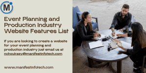 Features of an event planning and production industry website, showcasing services and event management tools.