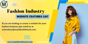 Graphic showcasing fashion industry website features, with an image of a stylish model wearing trendy outfits, highlighting key website elements like product catalogs, filters, and shopping cart