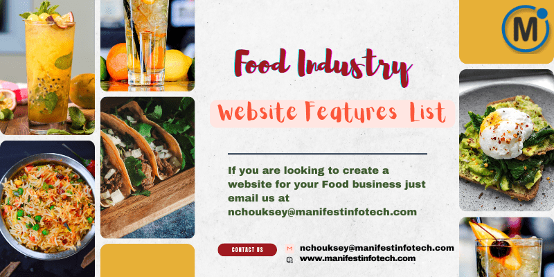 Graphic showcasing key features of a food industry website, including a menu, ordering system, reviews, and location map integration.