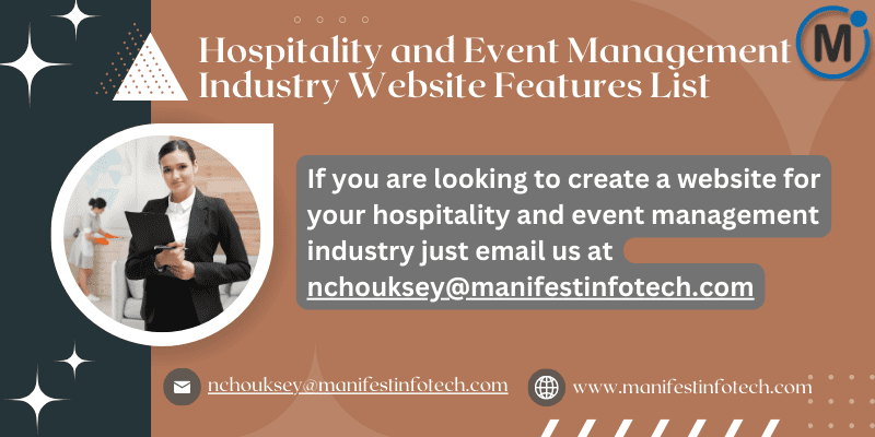 Features of a hospitality and event management industry website, showcasing services and event planning