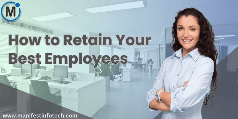 A woman standing in a company office, symbolizing employee retention strategies.