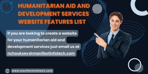 Features of a humanitarian aid and development services website, emphasizing support and global outreach initiatives