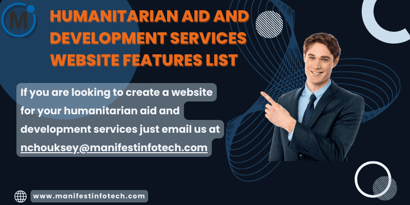 Features of a humanitarian aid and development services website, emphasizing support and global outreach initiatives