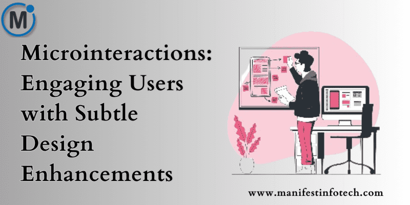 Graphic showcasing microinteractions, featuring subtle animations like button hover effects, loading spinners, and interactive UI elements.