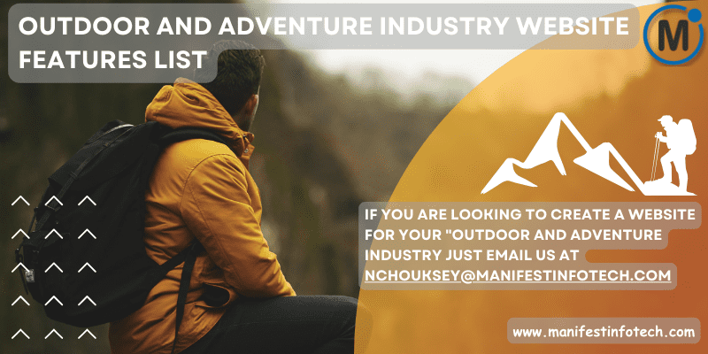 Features of an outdoor and adventure industry website, highlighting adventure activities and outdoor gear