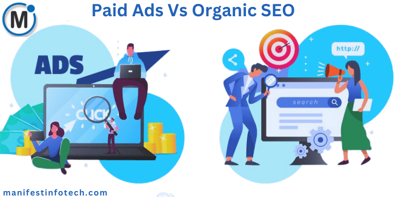 Comparison between paid ads and organic SEO strategies, depicted with two icons