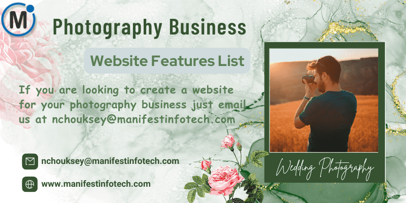 A photographer holding a camera and capturing images, showcasing photography business website features