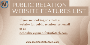 Infographic highlighting key features for a public relations website, including case studies, media management tools, and client testimonials.