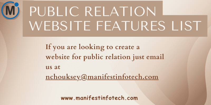 Infographic highlighting key features for a public relations website, including case studies, media management tools, and client testimonials.