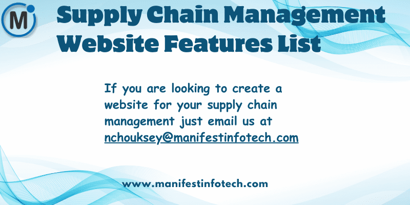 Infographic highlighting essential features for a supply chain management website, including inventory tracking, real-time updates, and analytics tools.