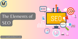 Visual representation of essential SEO elements, including keyword research, on-page optimization, technical SEO, and link building.
