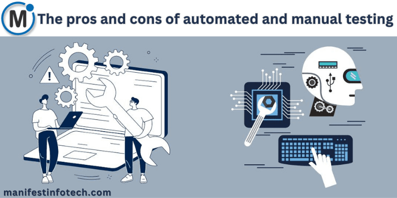 Two halves of a chart comparing automated testing and manual testing with their respective advantages and disadvantages