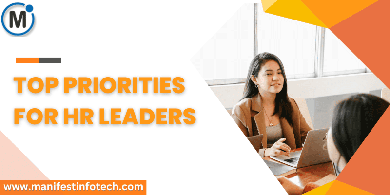 Illustration of an HR leader surrounded by various priorities such as recruitment, employee development, and engagement