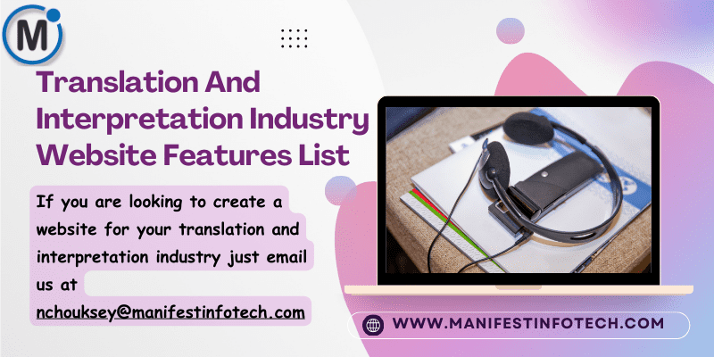 Infographic showcasing features for a translation and interpretation industry website, including language services, client portals, and project tracking.