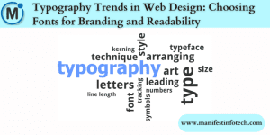 Graphic of typography trends, featuring different font styles and sizes with examples of text used in web design for branding and readability