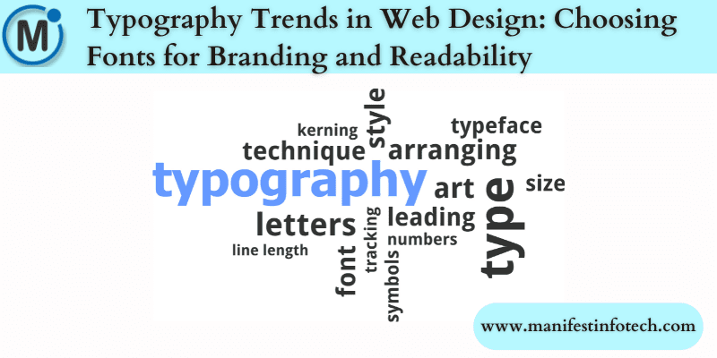 Graphic of typography trends, featuring different font styles and sizes with examples of text used in web design for branding and readability