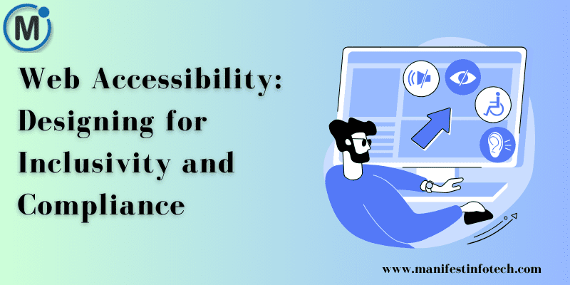 Graphic representing web accessibility, featuring accessibility icons like a wheelchair, screen reader, and contrast settings symbolizing inclusivity
