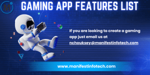 Infographic displaying a list of key features for a gaming app, including multiplayer mode, achievements, and in-app purchases.