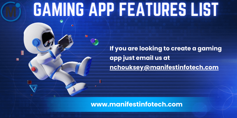 Infographic displaying a list of key features for a gaming app, including multiplayer mode, achievements, and in-app purchases.