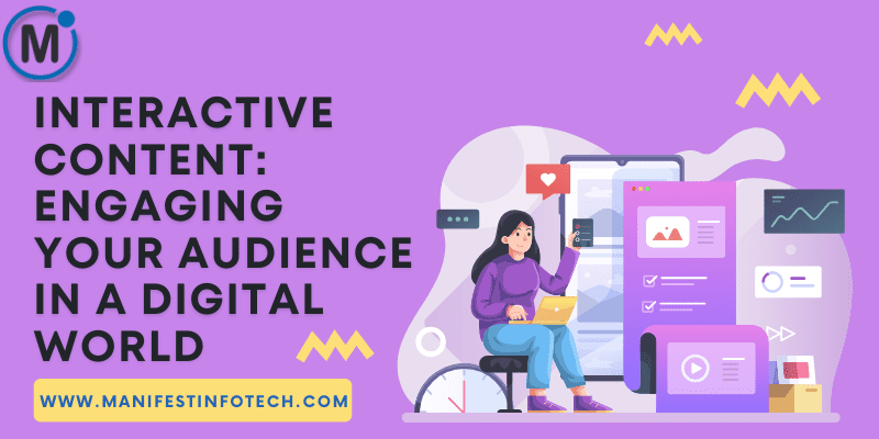 Infographic explaining interactive content in digital marketing, focusing on quizzes, polls, and interactive videos to engage audiences