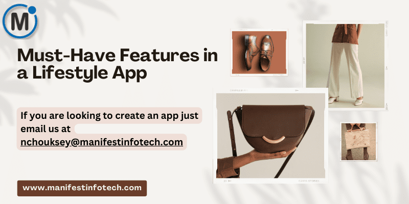 Infographic showcasing must-have features in a lifestyle app, including activity tracking, personalized recommendations, and social sharing.