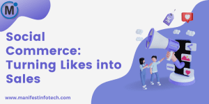 Infographic illustrating social commerce, focusing on turning likes and engagement into sales through social media platforms.