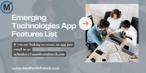 Infographic displaying emerging technologies app features, including AI integration, augmented reality, and IoT connectivity.