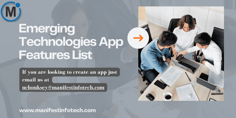 Infographic displaying emerging technologies app features, including AI integration, augmented reality, and IoT connectivity.