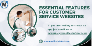 Infographic highlighting essential features for customer service websites, including live chat support, knowledge base, and ticketing system.