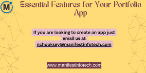 Infographic showing essential features for a portfolio app, including project display, client testimonials, and contact information