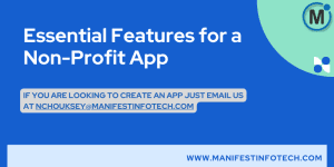 Infographic displaying essential features for a non-profit app, including donation management, event tracking, and volunteer coordination