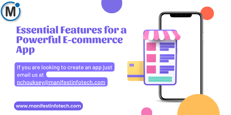 Infographic displaying essential features for a powerful e-commerce app, including secure payments, product search, and user reviews.