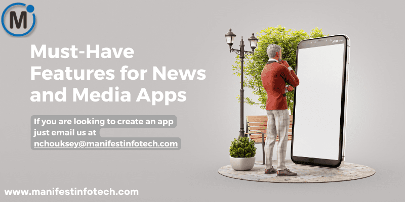 Infographic showcasing must-have features for news and media apps, including real-time updates, push notifications, and article sharing